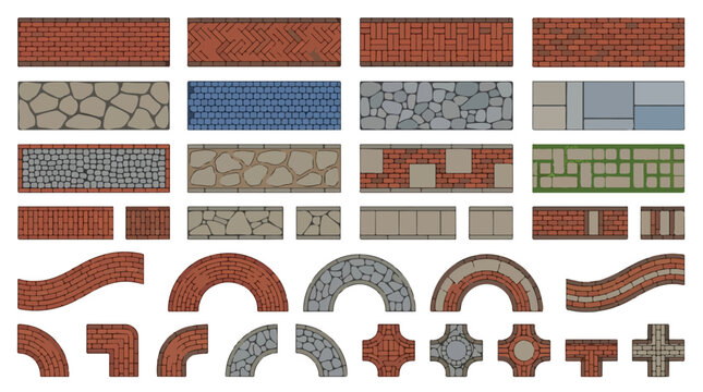 Paving stone texture set, architectural brick walkway patterns and cobblestone road elements, 32 vector pavement tiles for landscape design