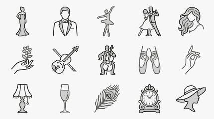 Professional Minimalist Black and White Line Drawing Icons Set Featuring Elegant Dress Tuxedo Dancers Instruments Dance Shoes Floral Wine Glass Feather Clock Hat © Dolar