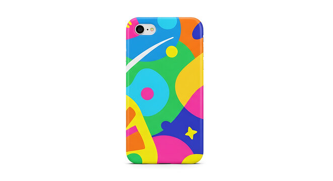 Vibrant geometric abstract with overlapping colorful shapes and a playful character rainbow