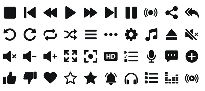 Media Player Control Icons Collection. Containing play, pause, stop, next, previous, volume, shuffle, repeat, share, settings, fullscreen, microphone, playlist, media controls and more. Solid Icon Set