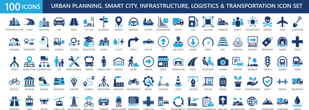 100 solid city infrastructure and transportation icons. filled glyph symbols for urban planning, logistics, housing, traffic, and smart city design.