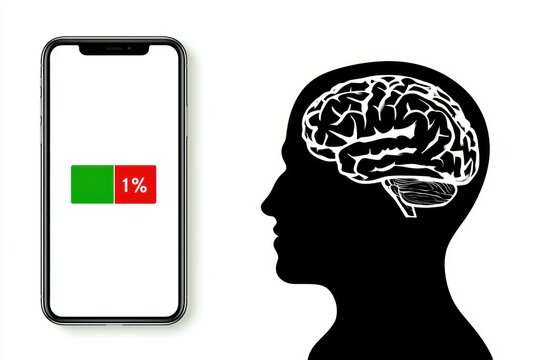A phone shows a full green battery while a silhouette of a brain displays a low red battery, illustrating energy differences in a simple style.