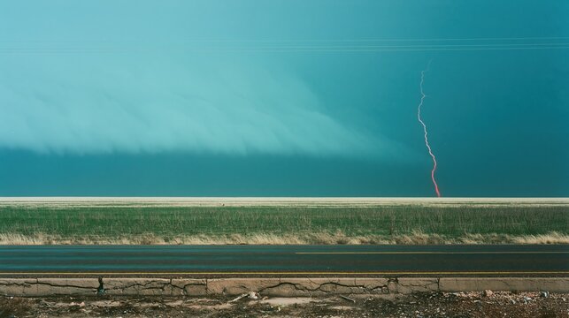 Massive teal shelf cloud and red lightning bolt over an open plain for storm chaser and meteorology concepts, featuring a wet asphalt road under a dramatic sky