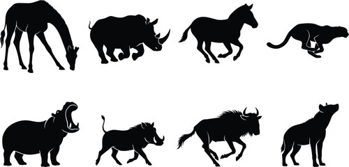 Fototapeta premium African Animal Silhouette Collection Featuring Giraffe, Rhino, Zebra, Cheetah, Hippo, Warthog, Wildebeest, and Hyena