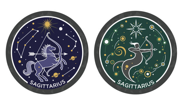 Two circular badges depict the Sagittarius zodiac sign featuring a centaur archer shooting an arrow among celestial stars and planets.
