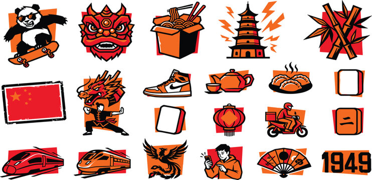 Modern China Culture Vector Illustration Set with Dragon Kung Fu Fighter Pagoda Mahjong and Streetwear Graphic Elements