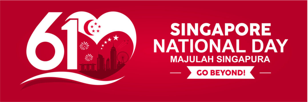 61st Singapore National Day 2026 Wide Red Banner Template. Flat vector horizontal web header celebrating Singapore's 61st National Day with a heart-shaped skyline, crescent moon, and stars.