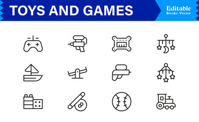 Fototapeta premium Toys and Games Professional Line Icon Set – Modern, Minimal, Editable Vector Collection of Fun Playthings and Activities for Digital Projects