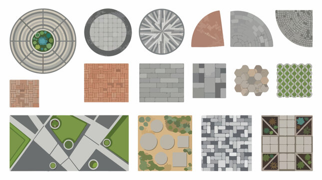 Landscape design paving textures, top view architectural garden elements, 16 vector stone and brick patio tiles for site planning and urban mapping
