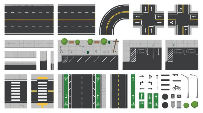 Top view road constructor kit with asphalt highway segments, city street intersection elements, parking lot and bike lane vector set