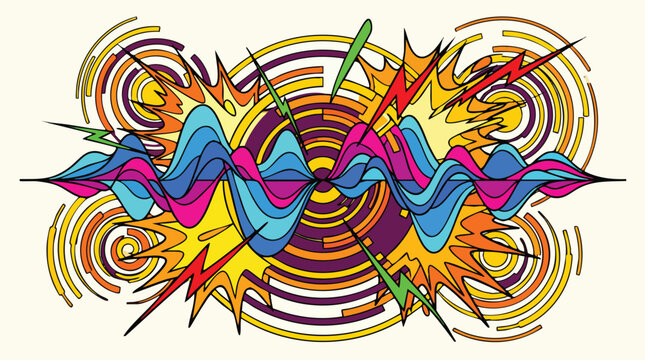 Abstract sound waves explosion comic graphic design with colorful circular patterns