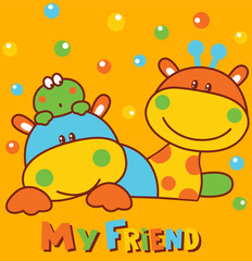 Fototapeta premium Friendly safari giraffe and chubby baby hippo standing together, lovely animal connection vector for screen printing