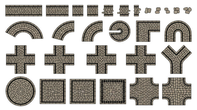 Cobblestone road constructor kit, modular stone pavement tiles for game design, vintage grey rock street path segments, top view vector set