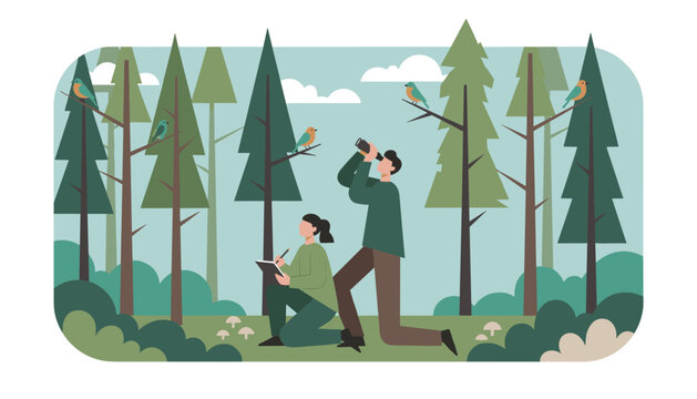 Two nature enthusiasts explore a dense forest where one man uses binoculars and a woman takes notes on the local bird population.