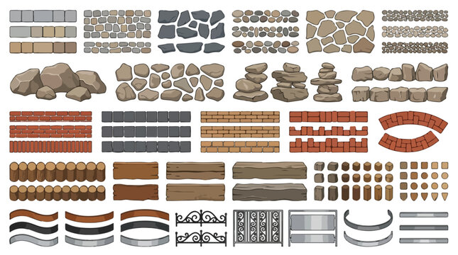 Stone wall and garden fence vector collection, architectural landscape design elements, brick masonry and wooden border set for landscaping