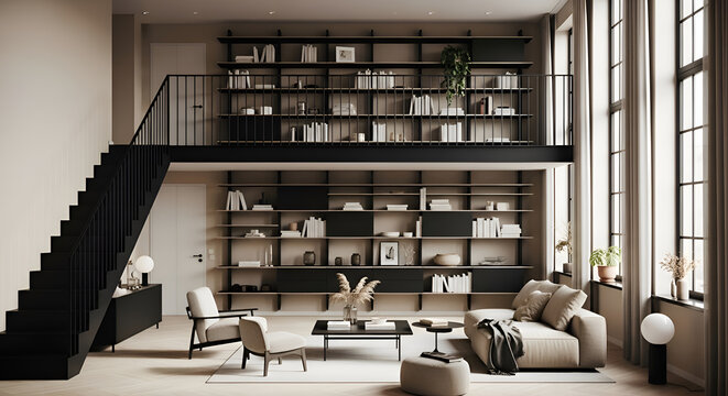 Modern duplex apartment interior with black staircase large bookshelves and natural light streaming through windows