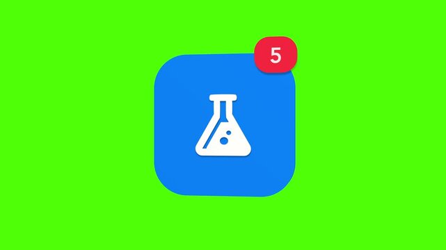 3D blue glass laboratory chemical test tube flask with internal fluid sample notification icon popping up on green screen.