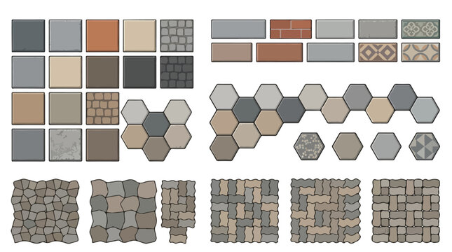 Paving stone texture set, architectural floor tile patterns and cobblestone vector elements, masonry construction materials for landscape design