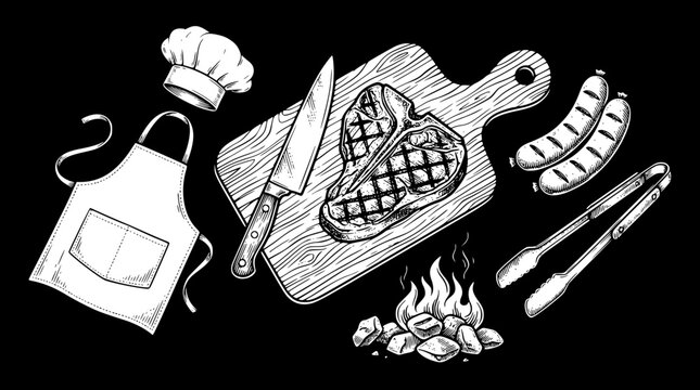 Vector illustration of barbecue tools and food on cutting board