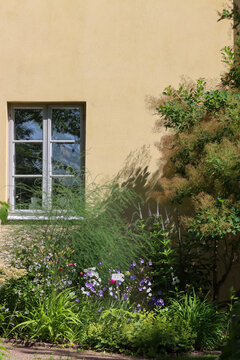  flowers front of the buiding wit window