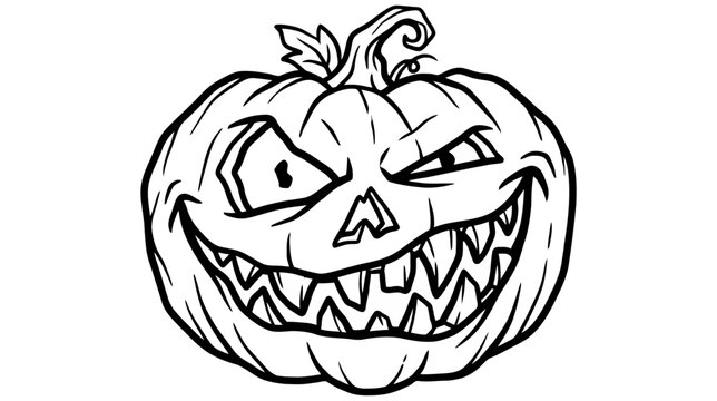 Spooky halloween pumpkin with glowing eyes and sharp teeth for kids coloring book pages