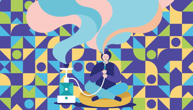 Person sitting cross-legged while smoking a hookah with large colorful smoke clouds on a vibrant geometric abstract background.