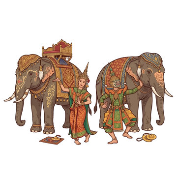 Traditional Thai culture scene with decorated elephants and dancers in elaborate costumes.