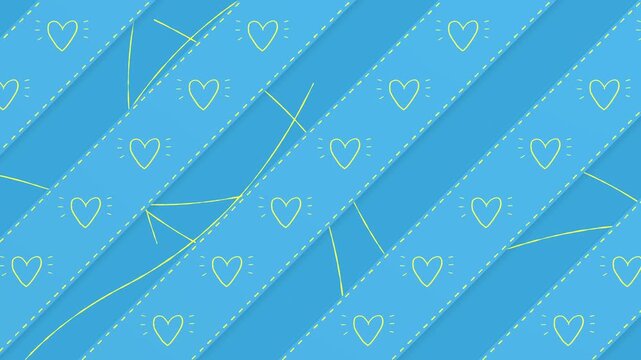 手書きのハートが光るステッチの入ったテープが、ストライプ状に動く青色のかわいいループ背景