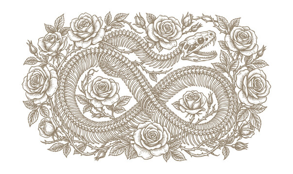 Vintage snake skeleton and roses botanical engraving style illustration