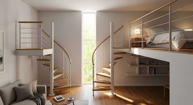 Modern loft apartment interior with two spiral staircases leading to mezzanines and a bedroom