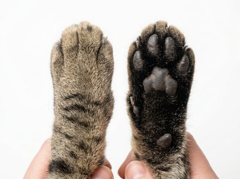 Close up view of a cat paw showing the soft texture of the fur and the dark pads of a domestic pet held by a human hand isolated on white background
