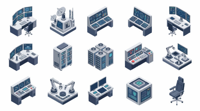 Isometric office workstations and computer setups illustration.