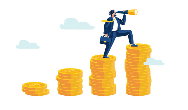 Business finance presentation. Businessman investor looking through binoculars and climbing up stacks of gold dollar coins. Achieving financial freedom, people, banner design. Vector illustration
