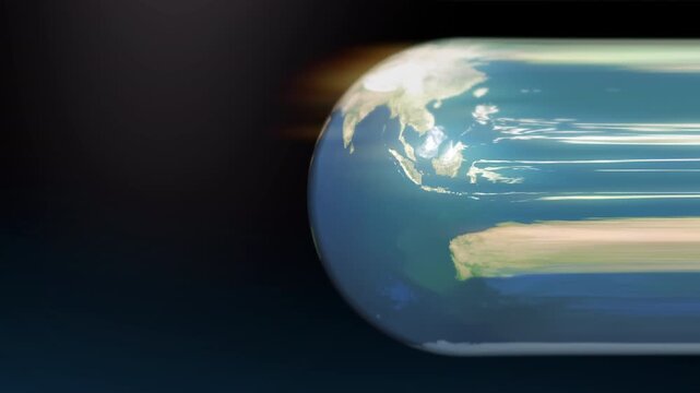 Planet Earth globe dissolving into a pixel stretch glitch trail across dark space, cinematic world animation loop for tech marketing, global business intros and broadcast design.