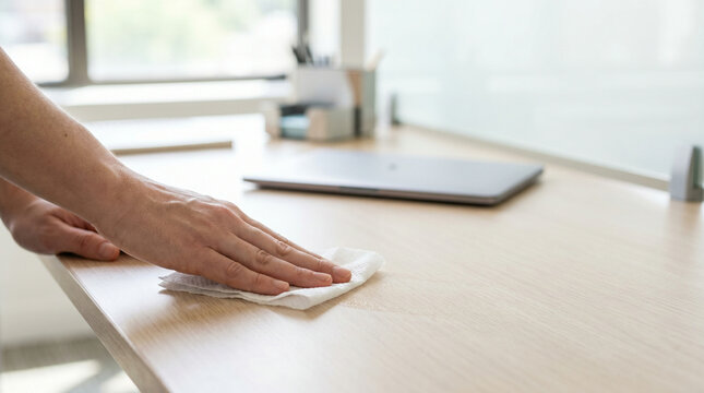 Flu Season Preparation disinfecting office desk for seasonal illness prevention