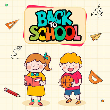 Back to School Banner Template with Cute Boy and Girl Characters
