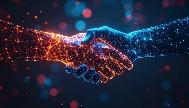 Digital handshake connecting two worlds, symbolizing partnership and technology.