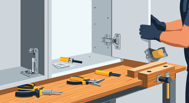 Carpenter's hands in protective gloves installing metal hinges on a cabinet door at a workbench with various professional tools.