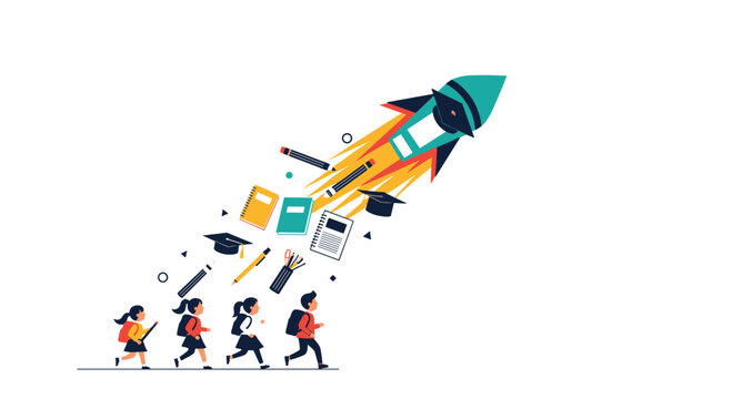 Inspirational education concept with school children running toward a rocket ship made from pencils, books, and study supplies.
