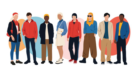 Obraz premium Diverse group of fashionable young people standing together in a row wearing stylish casual outfits on a clean white background.