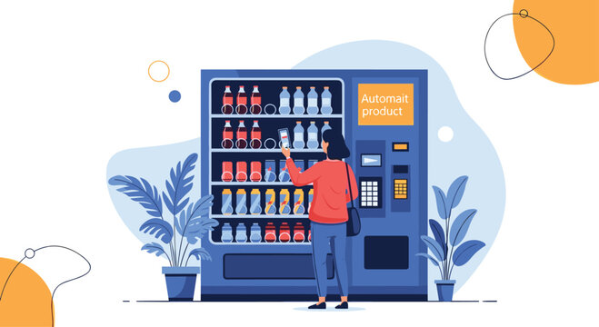 Woman chooses a bottled drink from an automated vending machine in a modern office or public space with a stylized background.