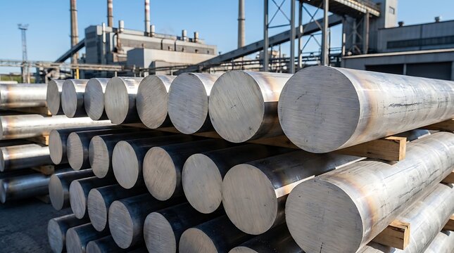 Industrial stacks of polished aluminum billets and metal rods stored at a manufacturing plant with factory infrastructure in the background