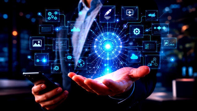 The image of a businessman using a smartphone AI interface highlights digital content creation, showcasing automated generation of visuals, text, code, and video for strategic innovation and ads.