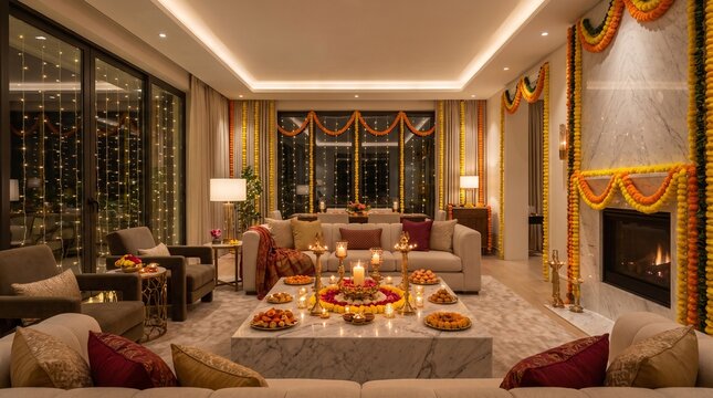Modern luxury living room interior beautifully decorated for Diwali celebration with marigold garlands fairy lights and traditional brass diyas
