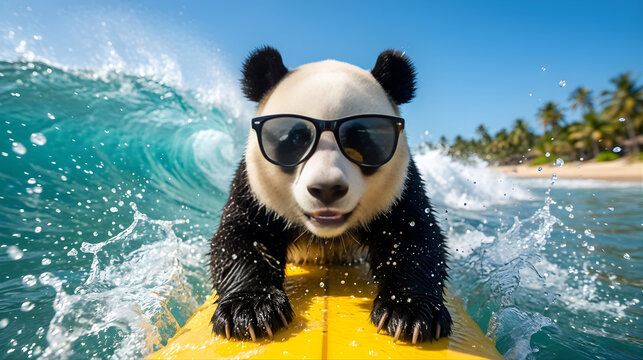 Cute Panda Surfing on Yellow Surfboard Wearing Sunglasses in Ocean Wave, Summer Beach Adventure. panda, surfing panda, surfboard, sunglasses, beach, ocean wave, summer, cute panda, cartoon panda