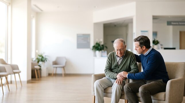 Empathetic photograph of an adult Caucasian son supporting his senior father by holding hands in a bright, modern clinic waiting room