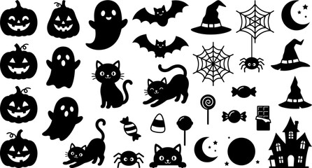 Fototapeta premium Large Halloween Silhouette Collection with Spooky Characters, Creepy Black Icons, Witch, Ghost, Pumpkin, Bat, Skull and Hand Drawn Vector Elements Isolated on White Background