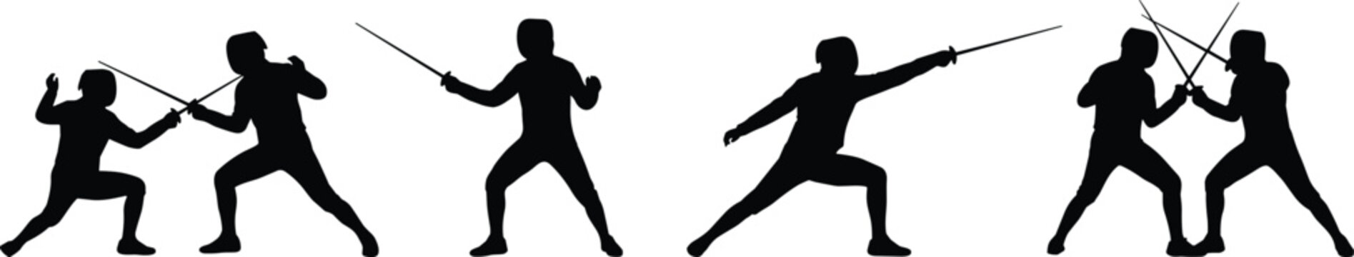 Fencing Athlete Silhouette Collection with Sword Duel Combat Training and Sport Action Vector Set
