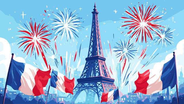 Celebration of bastille day with fireworks over the eiffel tower