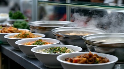 Fototapeta premium Gourmet meal prepa n at a brightly lit clean street stall located in a lively outdoor market setting